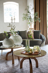 Round Coffee Table with Shiny Brown Bronze Base and Taupe Glass Top