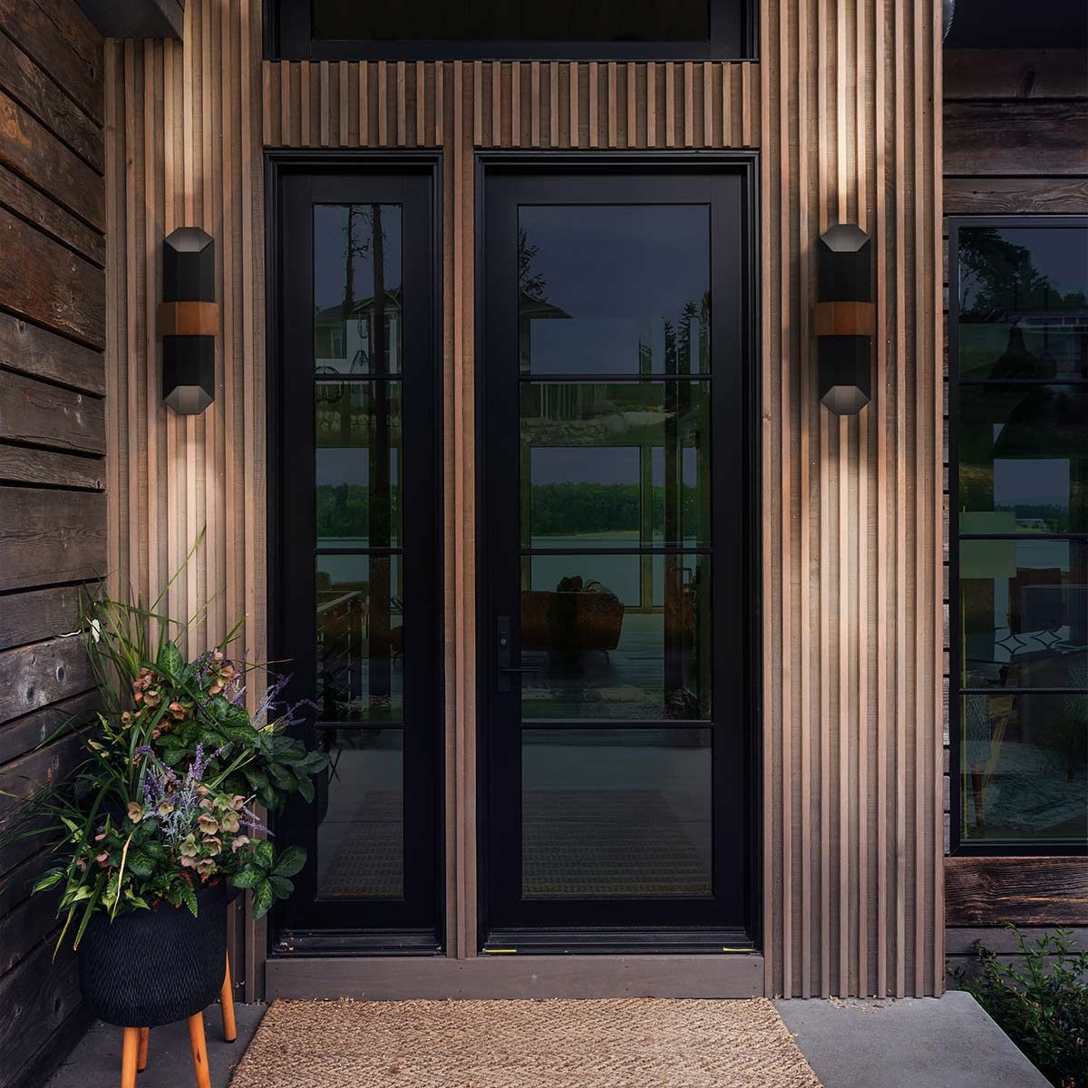 Contemporary Chasm LED Outdoor Wall Lantern - Matte Black with Wood Accent