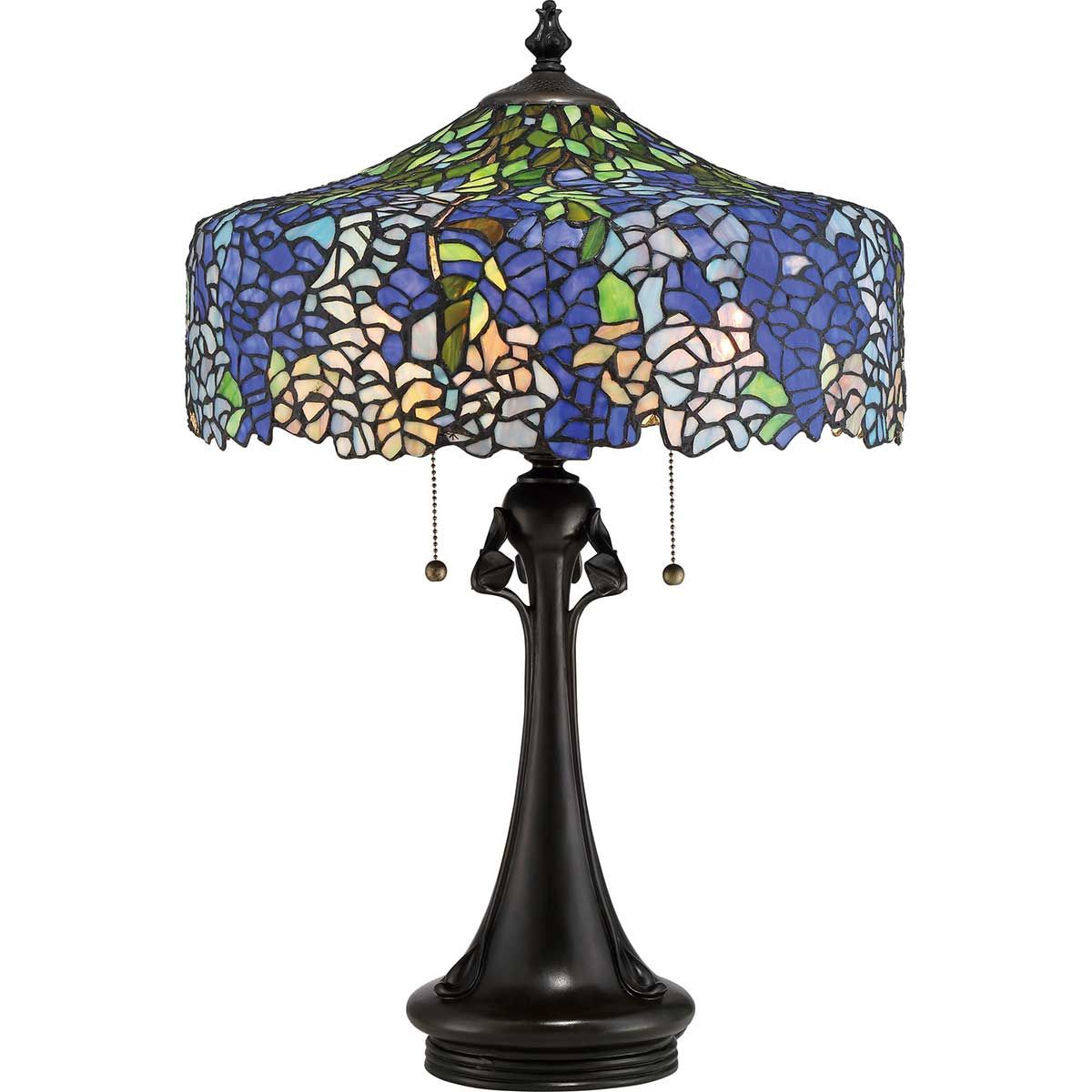 Vintage Bronze Cobalt Table Lamp with Tiffany Hydrangea Design