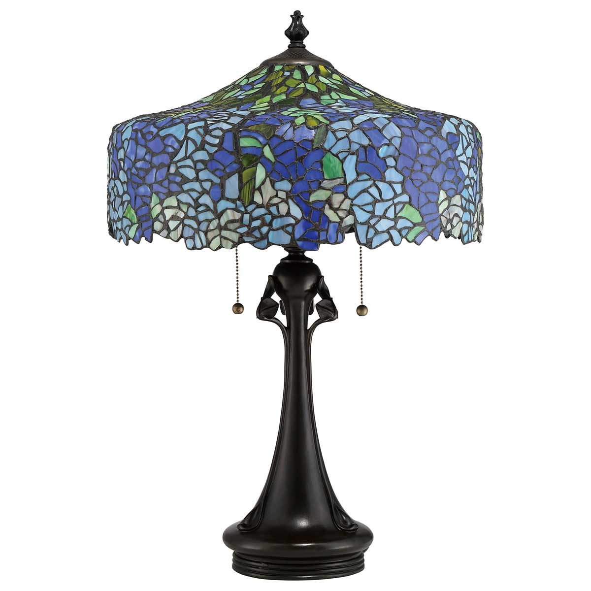 Vintage Bronze Cobalt Table Lamp with Tiffany Hydrangea Design