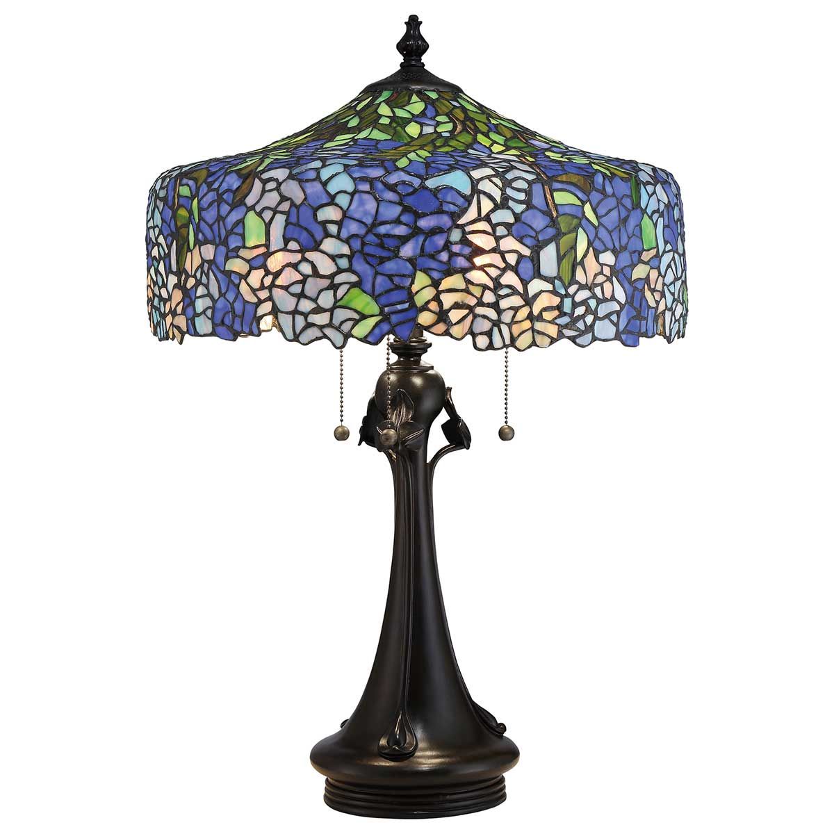 Vintage Bronze Cobalt Table Lamp with Tiffany Hydrangea Design