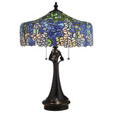 Vintage Bronze Cobalt Table Lamp with Tiffany Hydrangea Design