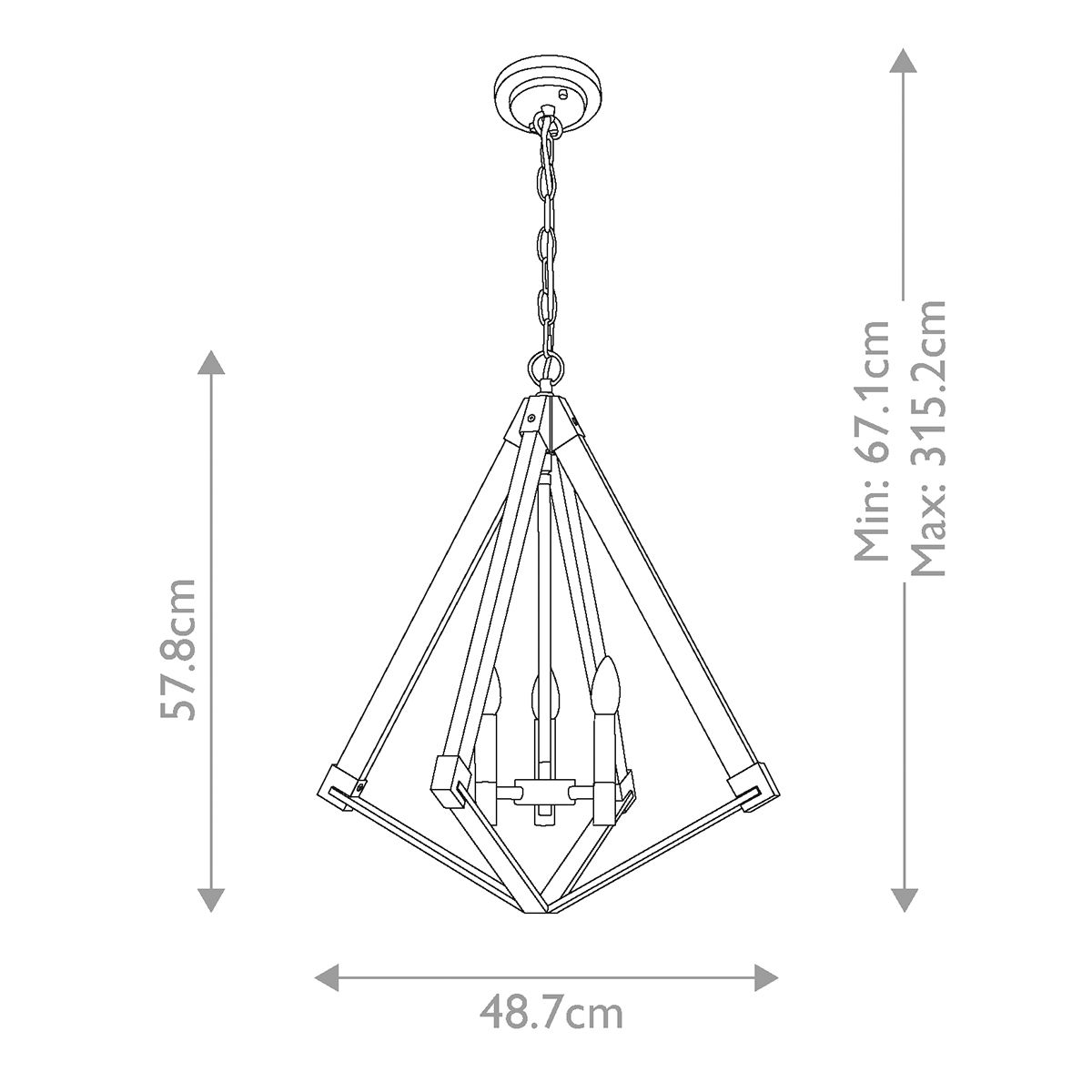 Weathered Brass Tri-Light Chandelier - Diamond Silhouette