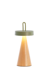 Elegant Olive Green LED Table Lamp with Natural Wood Base, 13x28.5 cm
