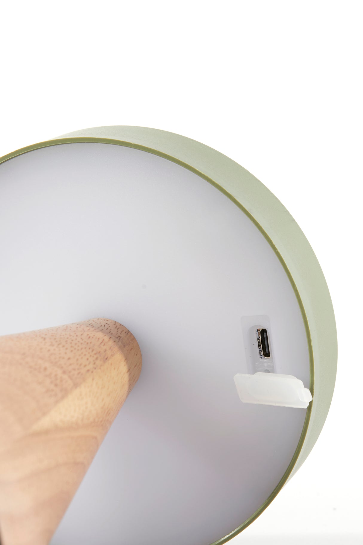 Elegant Olive Green LED Table Lamp with Natural Wood Base, 13x28.5 cm