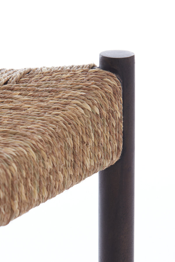 Rustic Delis Wooden Stool with Seagrass Accent, 44x44x40 cm, Dark Brown Finish