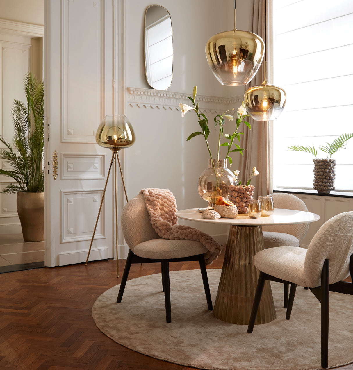 Round 100cm Dining Table in White Marble and Antique Bronze Finish